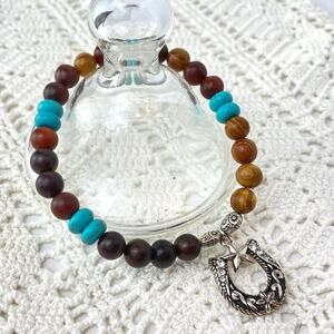 Horseshoe Charm Turquoise Wood Beaded Bracelet